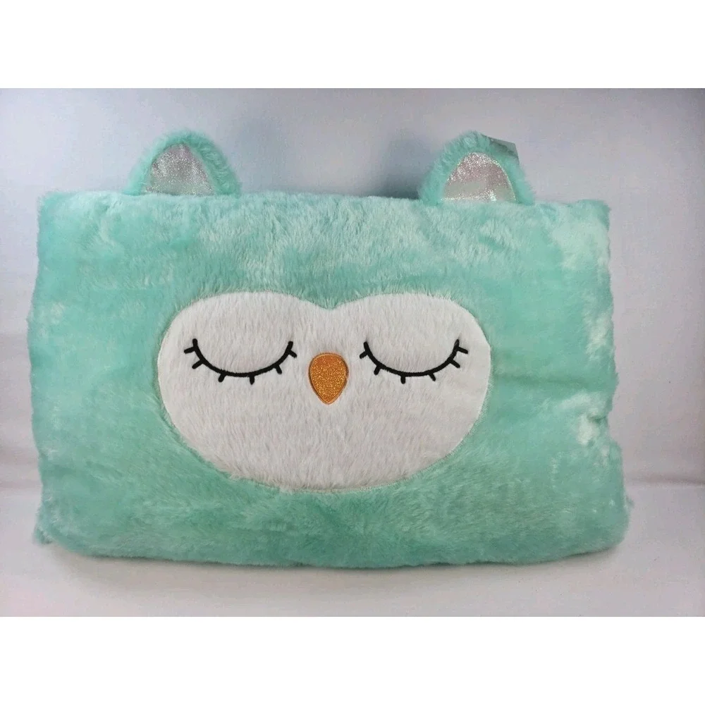 Owl Kids Bed Pillow Mint Green 16.5x24 Soft Fuzzy Plush Sleepy Face NWT